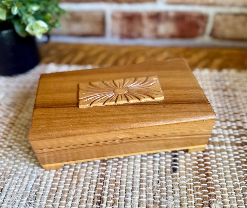 Vintage Carved Wood Trinket Box | 1970s 1980s Sunburst Floral Jewelry Box